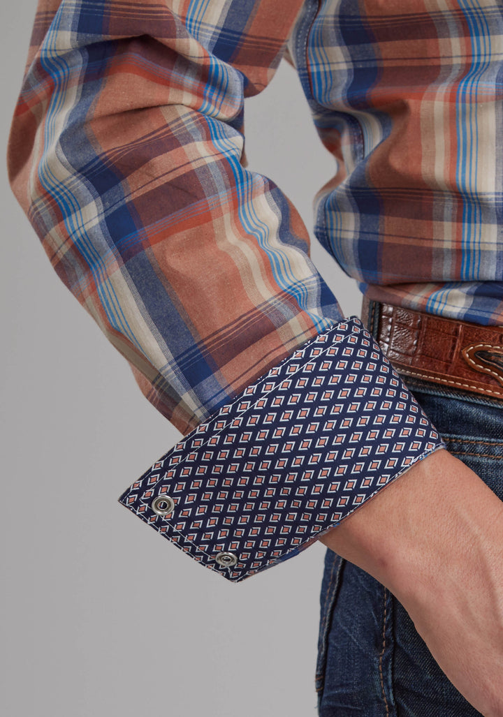 MENS FALLING LEAVES PLAID LONG SLEEVE SNAP WESTERN SHIRT