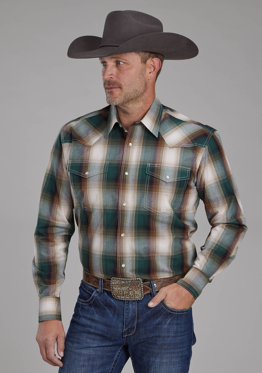 MENS TALL TREE PLAID LONG SLEEVE SNAP WESTERN SHIRT