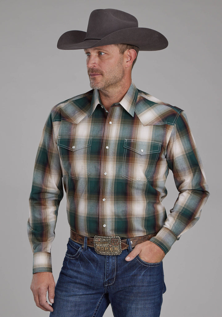 MENS TALL TREE PLAID LONG SLEEVE SNAP WESTERN SHIRT