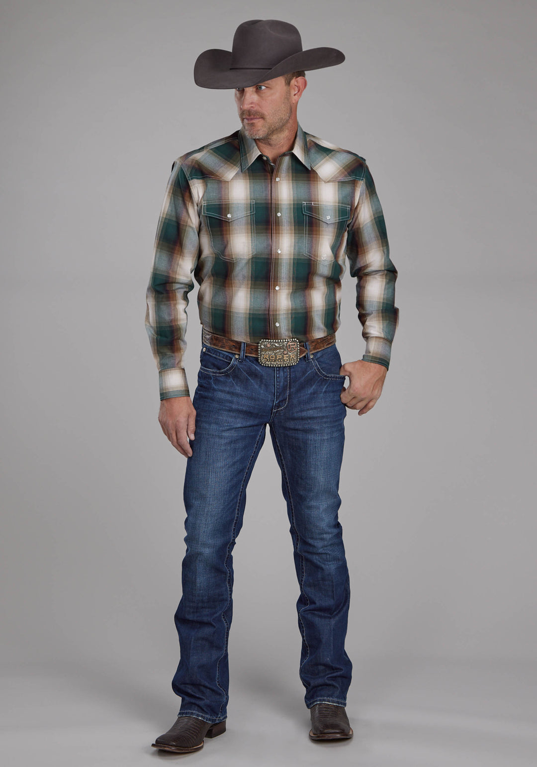 MENS TALL TREE PLAID LONG SLEEVE SNAP WESTERN SHIRT