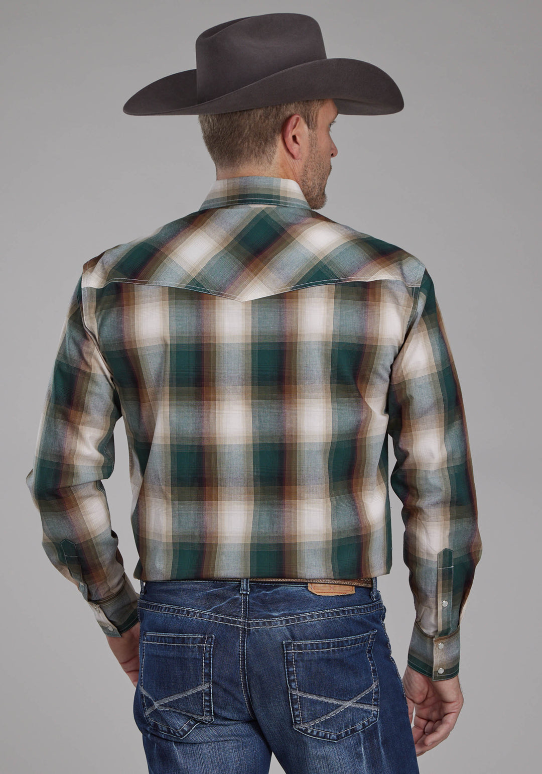 MENS TALL TREE PLAID LONG SLEEVE SNAP WESTERN SHIRT