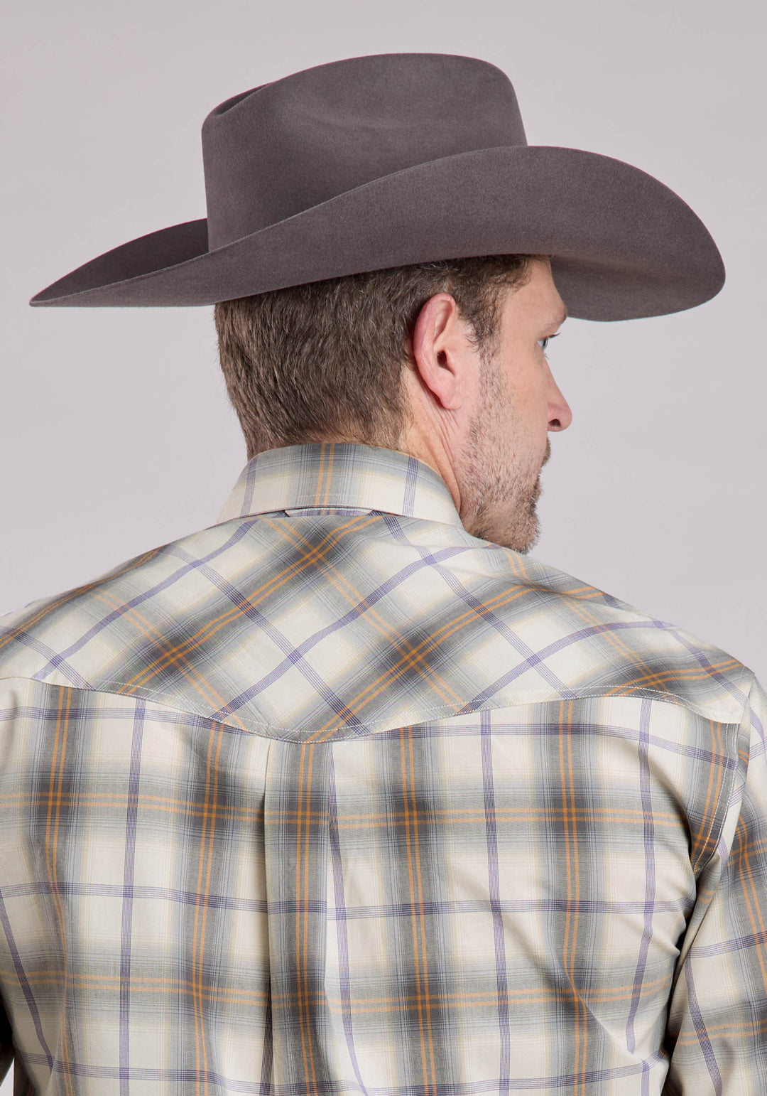MENS LONG SLEEVE SNAP SILVER HAZE PLAID WESTERN SHIRT