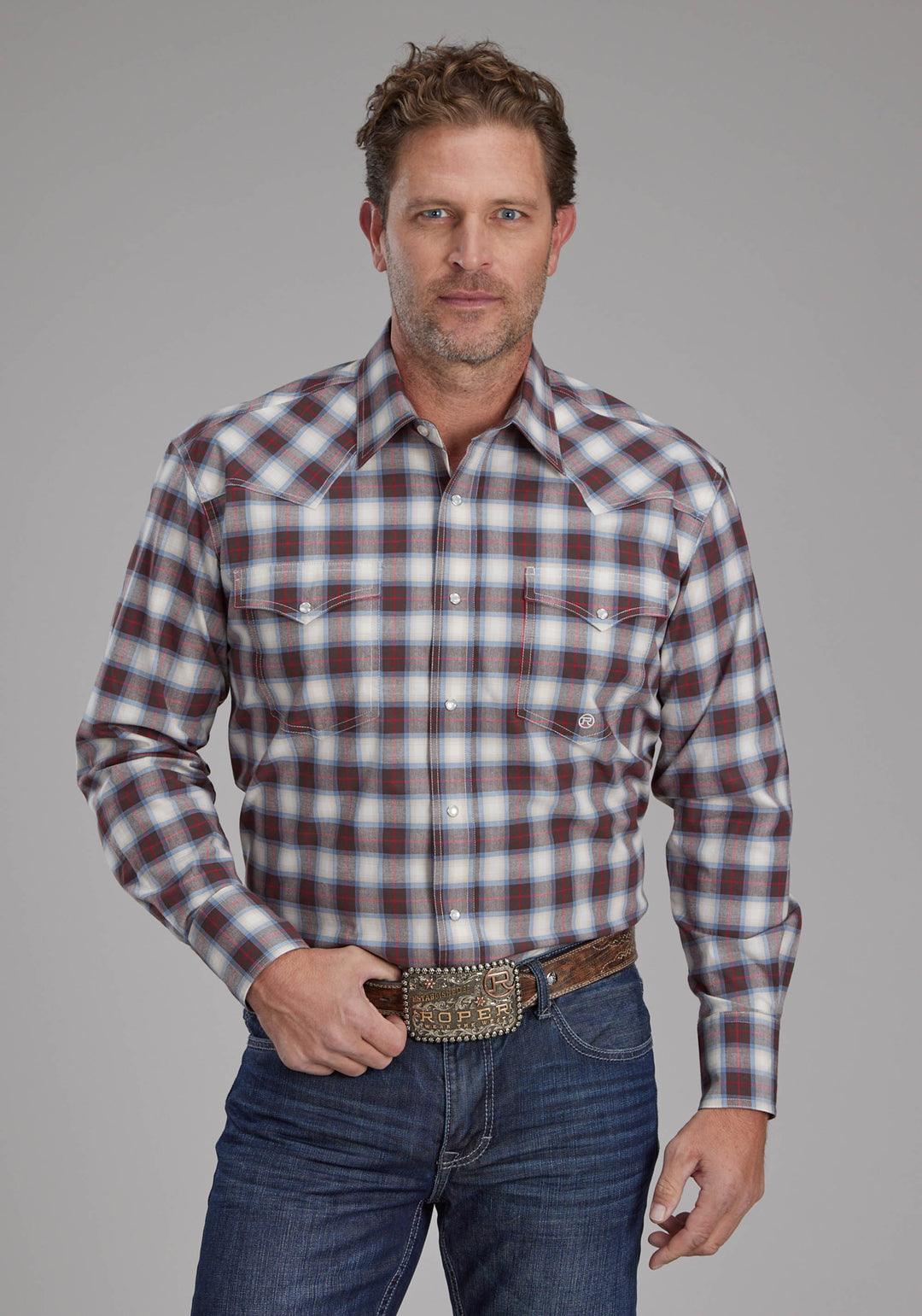 MENS STRETCH PLAID - BROWN LONG SLEEVE SNAP WESTERN SHIRT