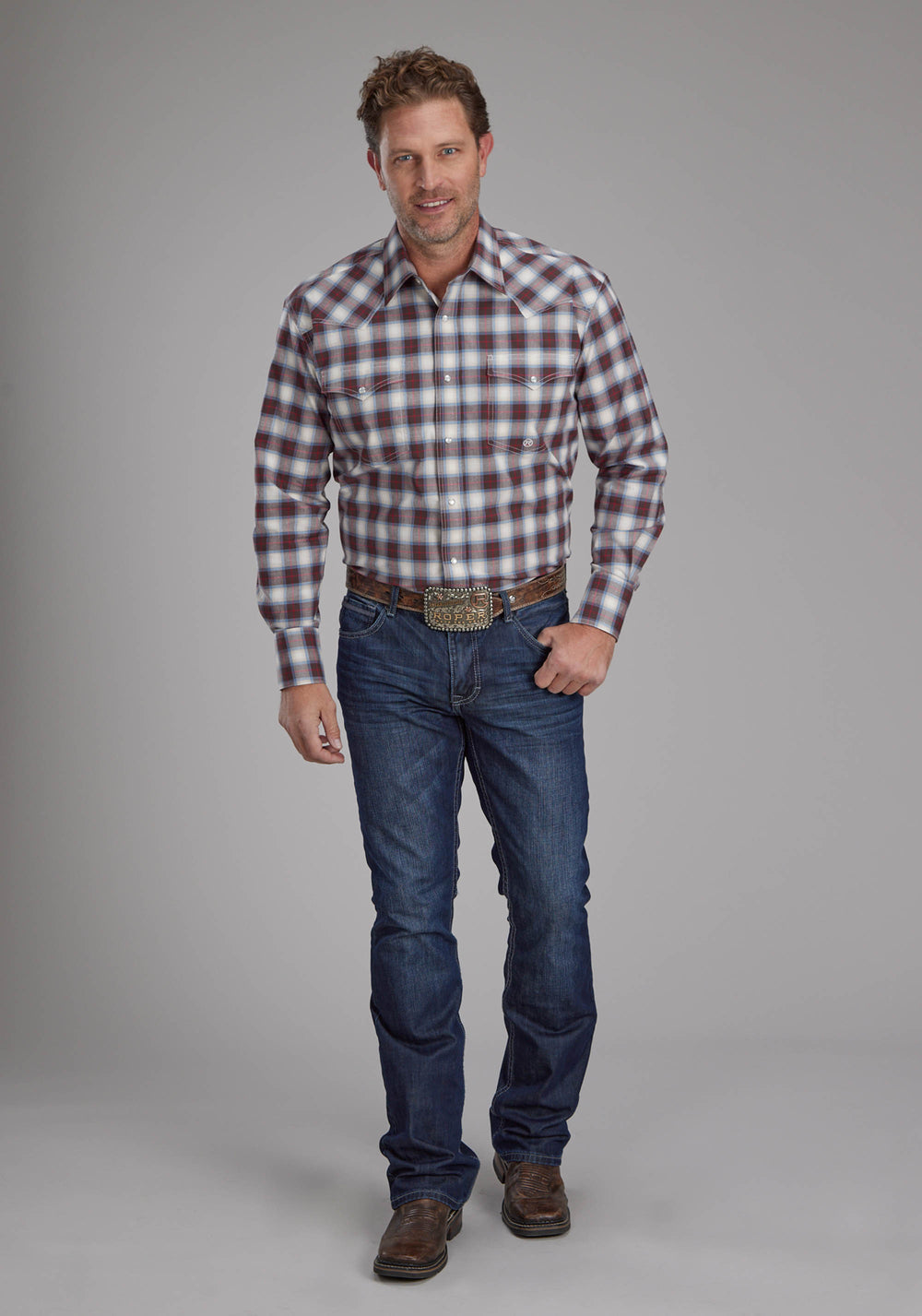 MENS STRETCH PLAID - BROWN LONG SLEEVE SNAP WESTERN SHIRT