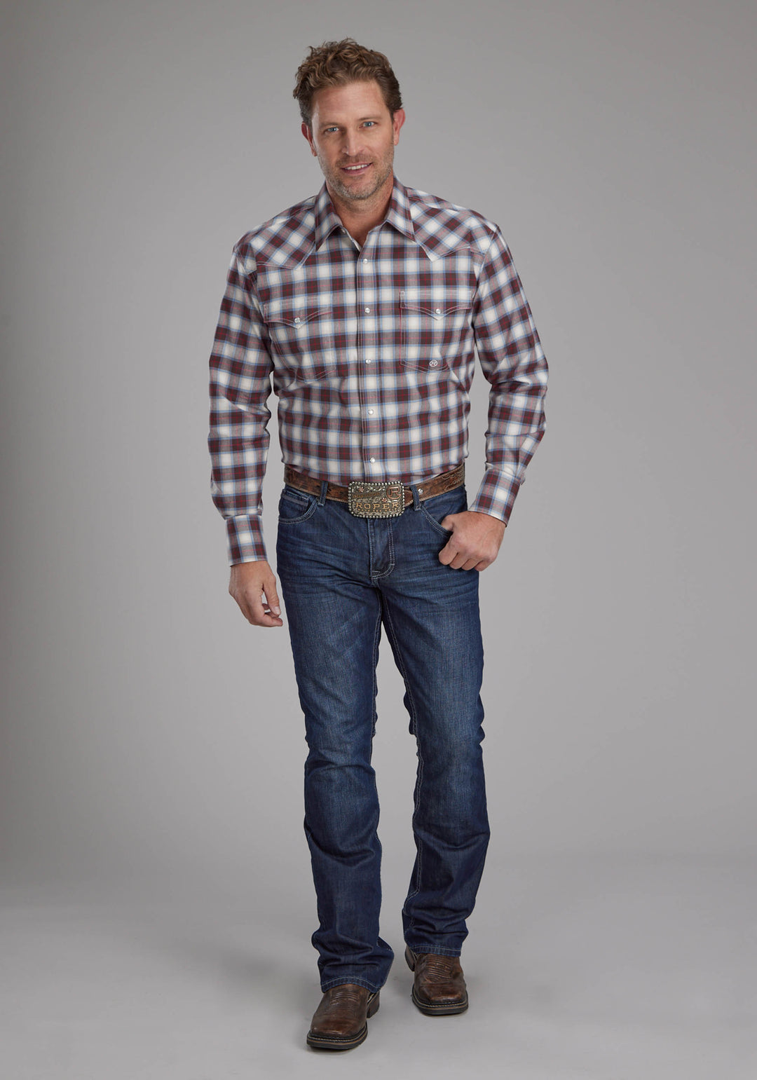MENS STRETCH PLAID - BROWN LONG SLEEVE SNAP WESTERN SHIRT