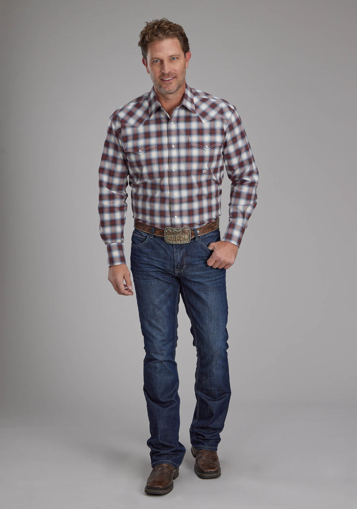 MENS STRETCH PLAID - BROWN LONG SLEEVE SNAP WESTERN SHIRT
