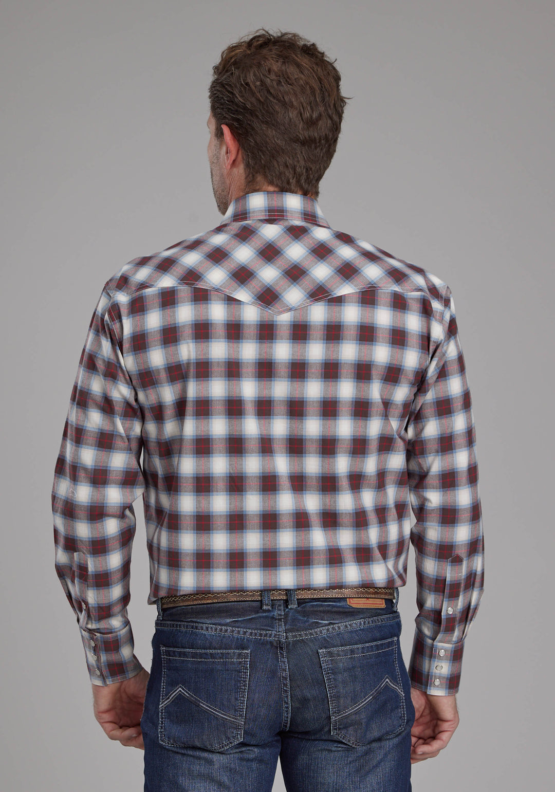 MENS STRETCH PLAID - BROWN LONG SLEEVE SNAP WESTERN SHIRT
