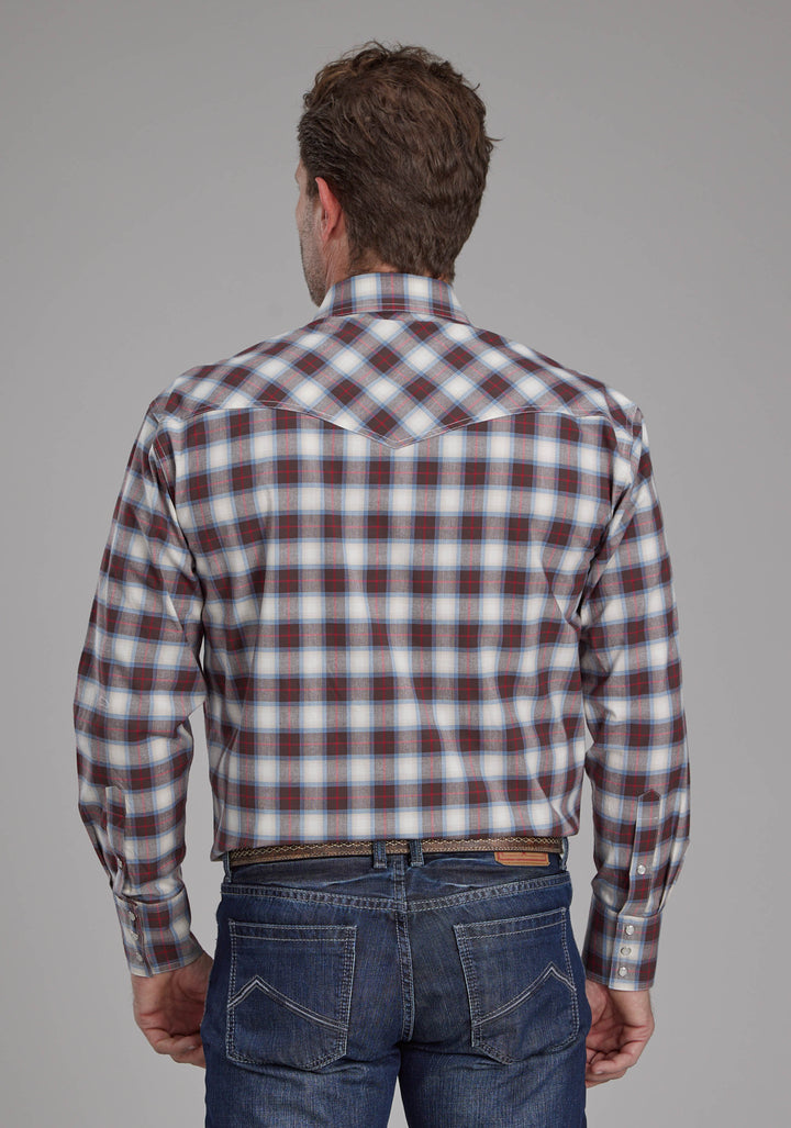 MENS STRETCH PLAID - BROWN LONG SLEEVE SNAP WESTERN SHIRT