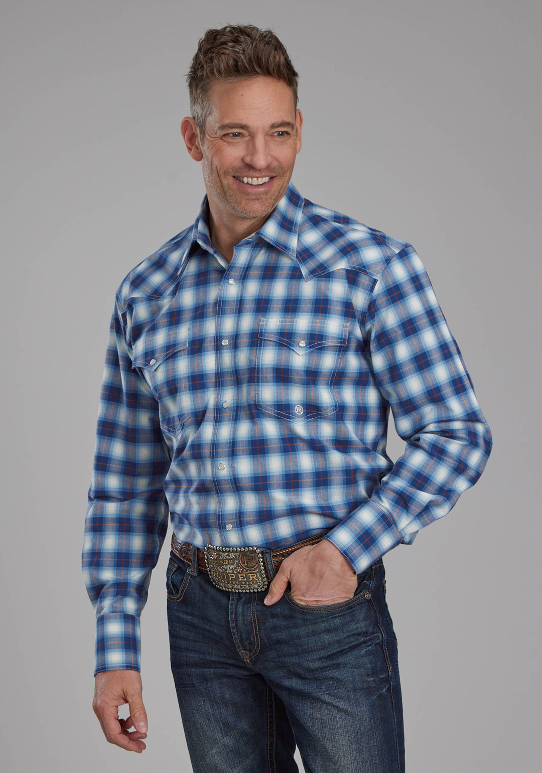 MENS STRETCH PLAID - BLUE LONG SLEEVE SNAP WESTERN SHIRT