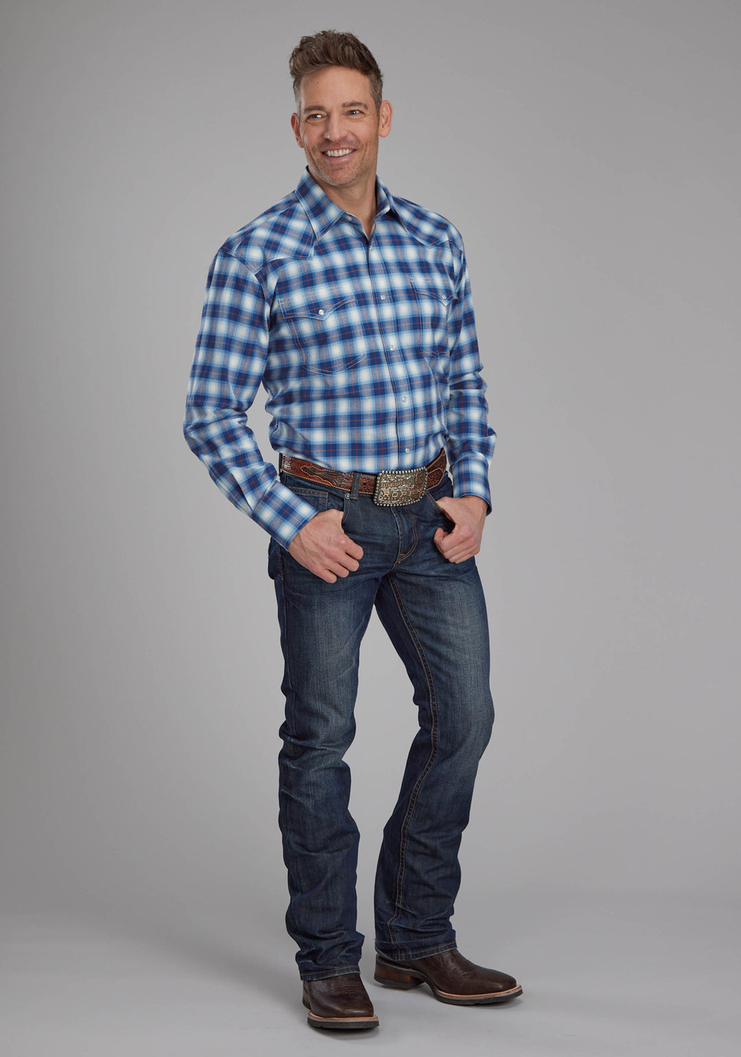 MENS STRETCH PLAID - BLUE LONG SLEEVE SNAP WESTERN SHIRT