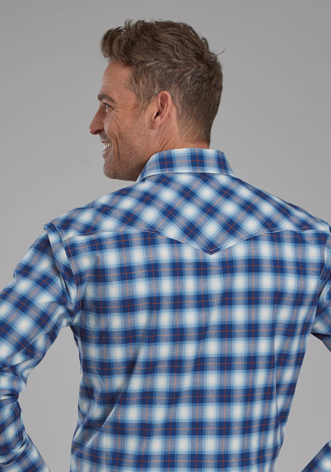 MENS STRETCH PLAID - BLUE LONG SLEEVE SNAP WESTERN SHIRT