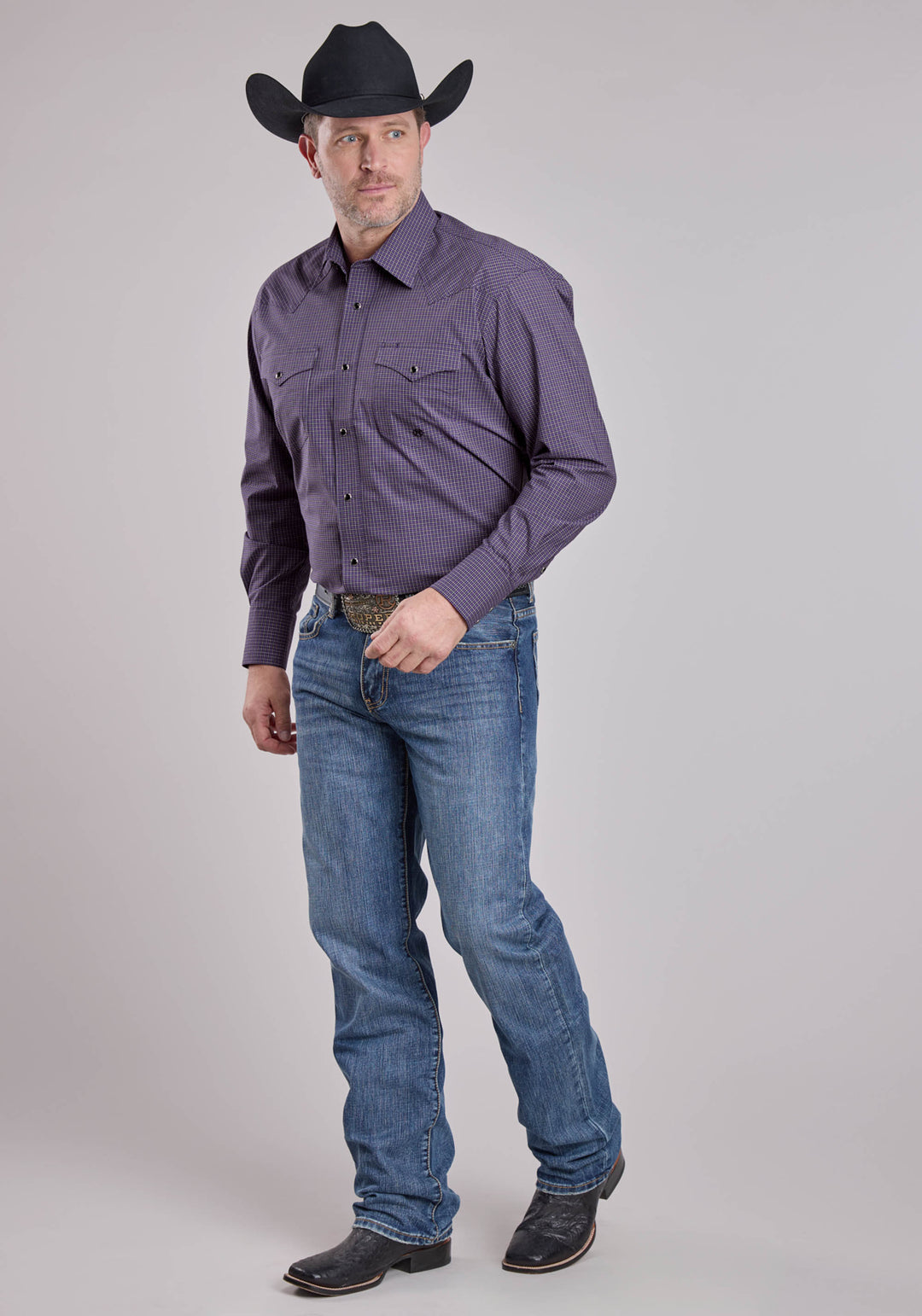 MENS LONG SLEEVE SNAP STRETCH MINI CHECK - PURPLE WESTERN SHIRT