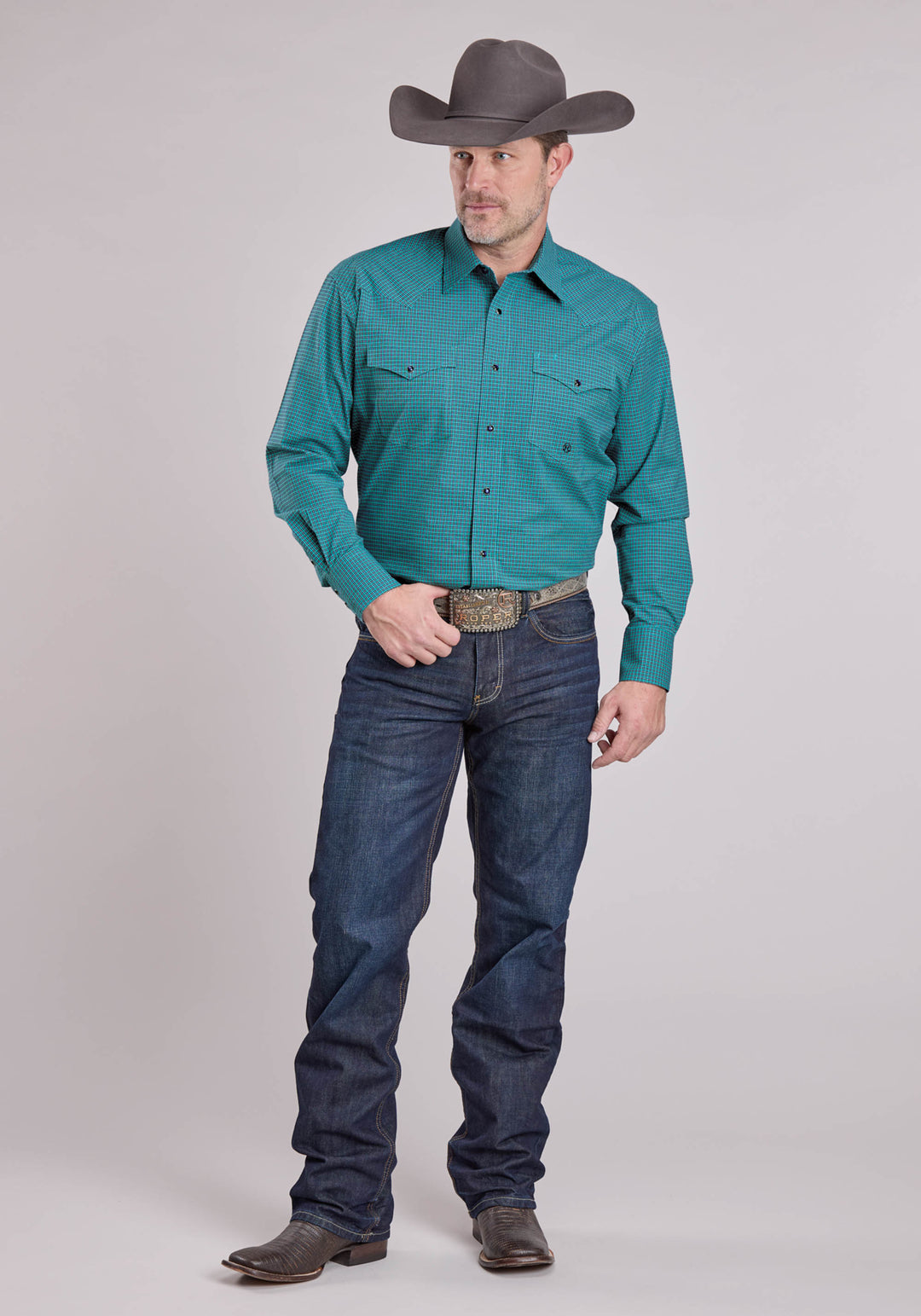 MENS LONG SLEEVE SNAP STRETCH MINI CHECK - TURQUOISE WESTERN SHIRT