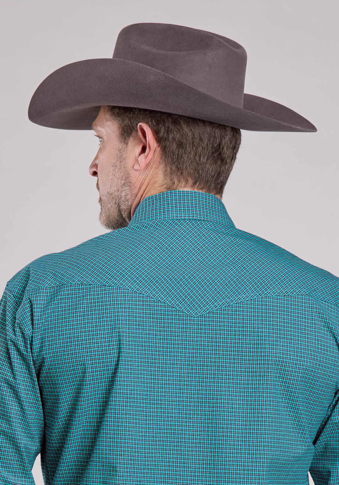 MENS LONG SLEEVE SNAP STRETCH MINI CHECK - TURQUOISE WESTERN SHIRT