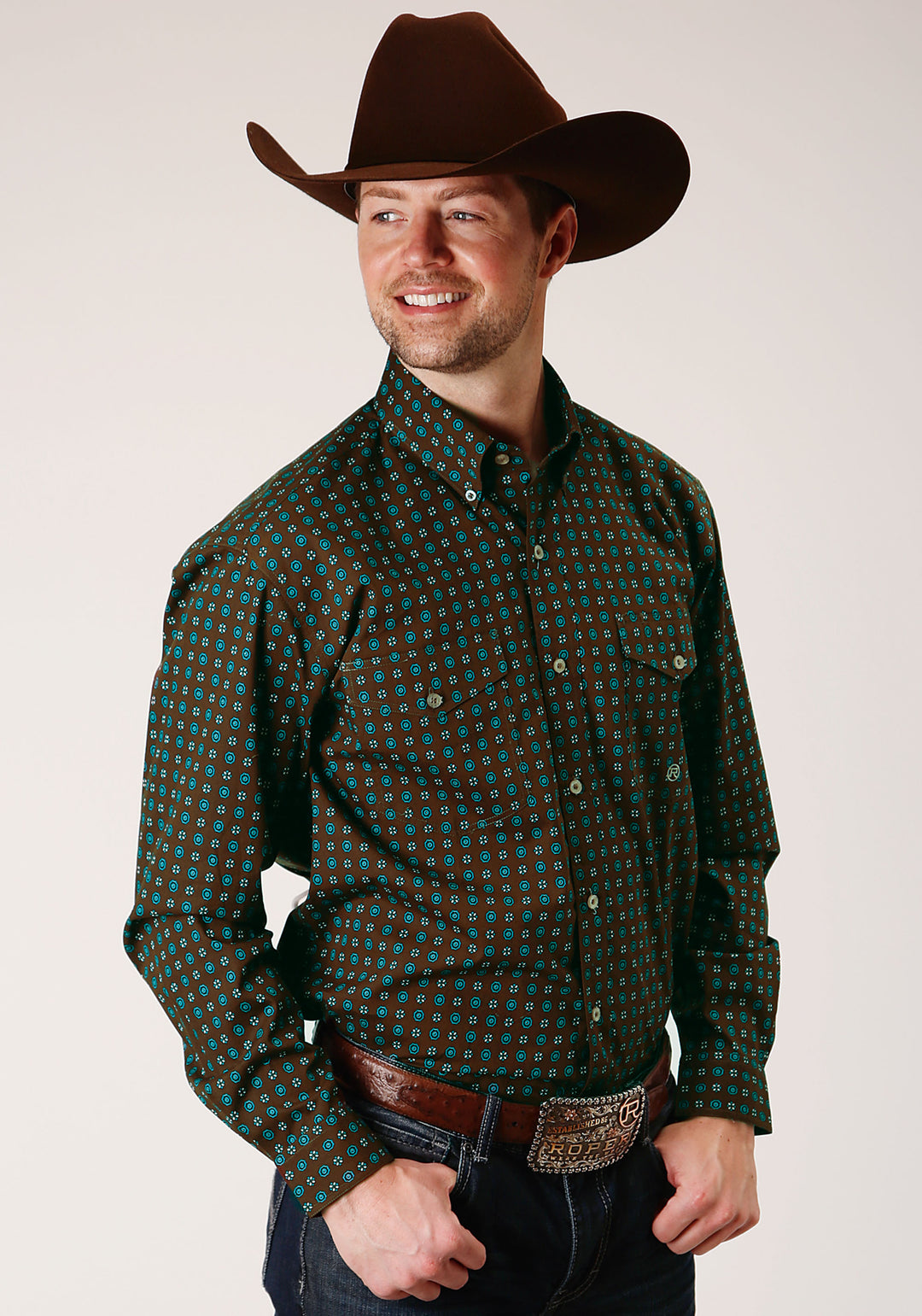 MENS LONG SLEEVE BUTTON CHOCOLATE AGAVE FOULARD WESTERN SHIRT