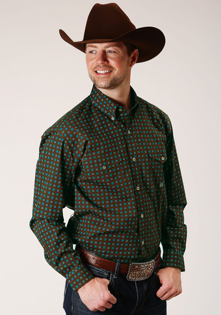 MENS LONG SLEEVE BUTTON CHOCOLATE AGAVE FOULARD WESTERN SHIRT