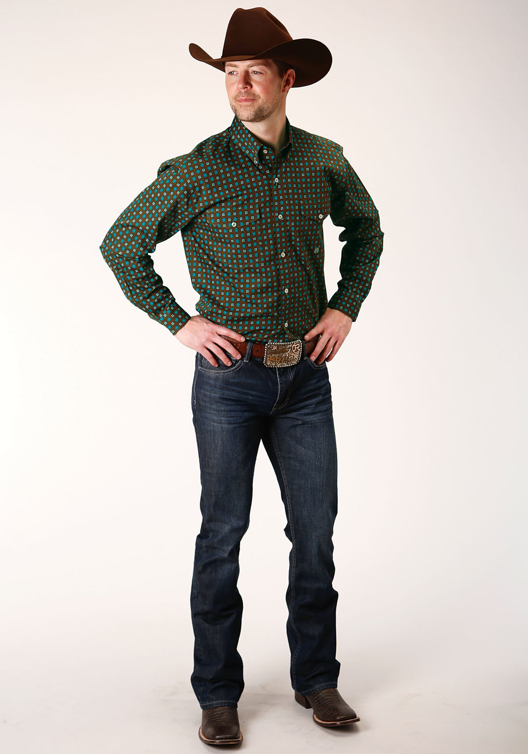 MENS LONG SLEEVE BUTTON CHOCOLATE AGAVE FOULARD WESTERN SHIRT