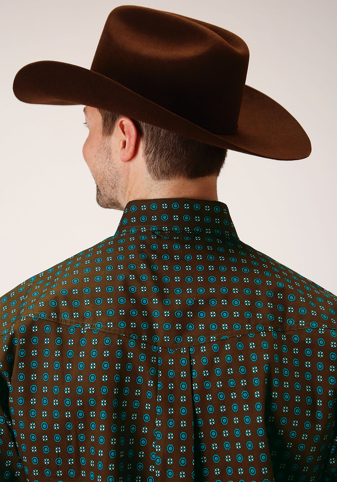 MENS LONG SLEEVE BUTTON CHOCOLATE AGAVE FOULARD WESTERN SHIRT
