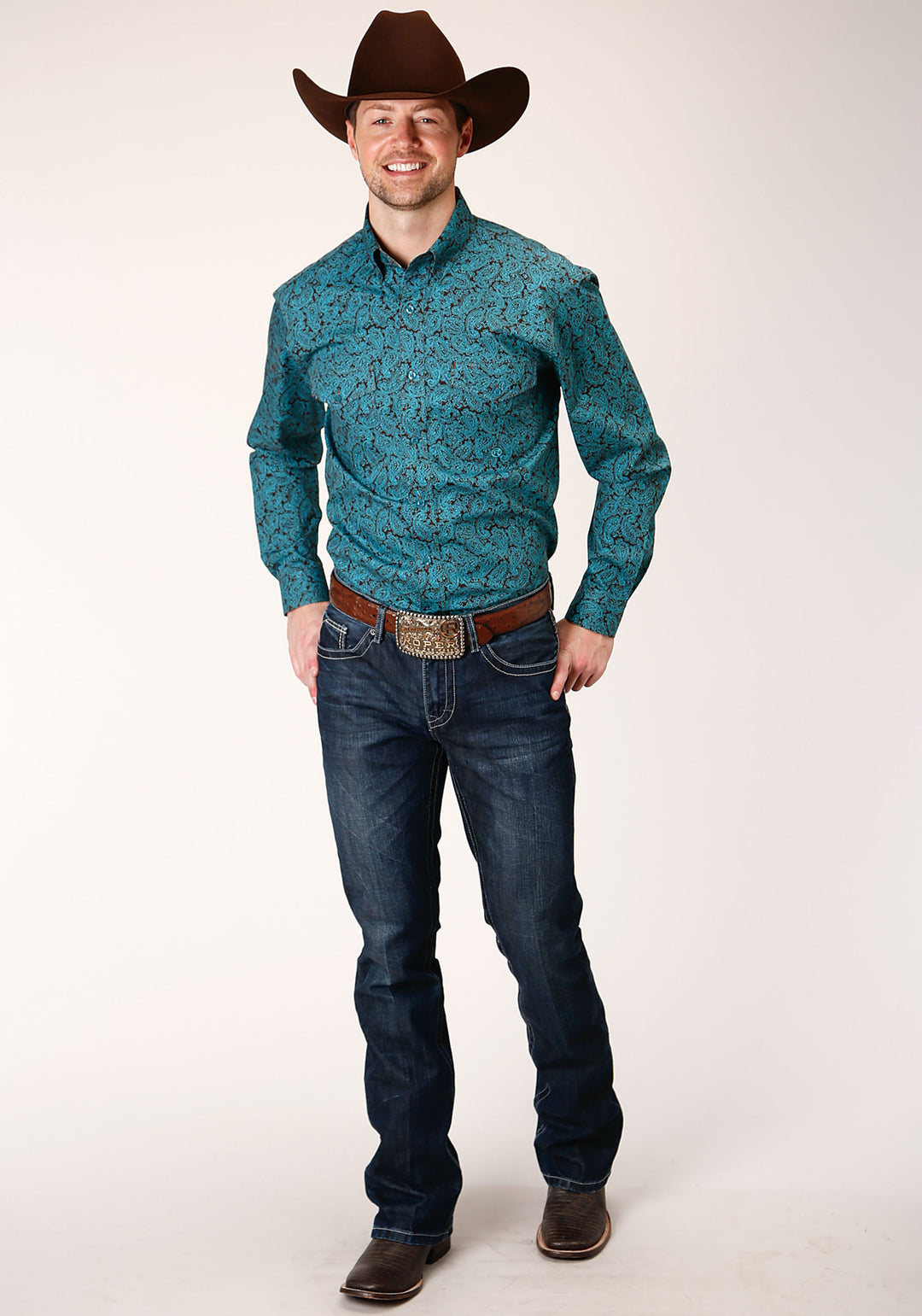MENS LONG SLEEVE BUTTON BLUE AGAVE PAISLEY WESTERN SHIRT