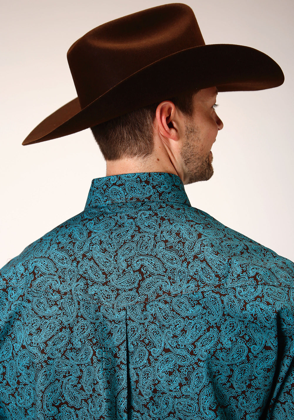 MENS LONG SLEEVE BUTTON BLUE AGAVE PAISLEY WESTERN SHIRT