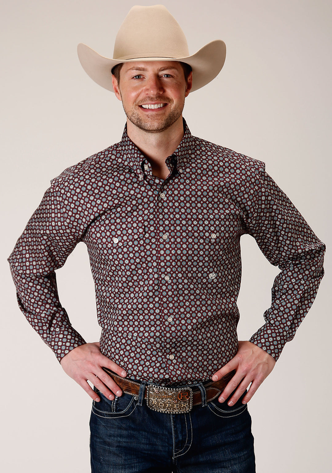 MENS LONG SLEEVE BUTTON RED CURRANT FOULARD WESTERN SHIRT