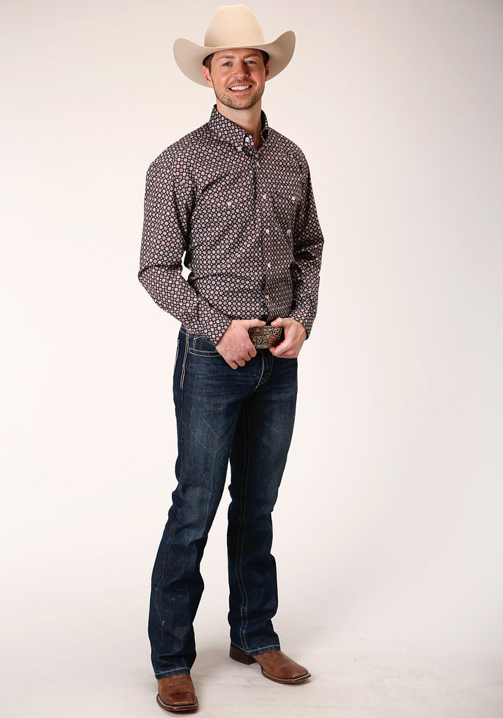 MENS LONG SLEEVE BUTTON RED CURRANT FOULARD WESTERN SHIRT