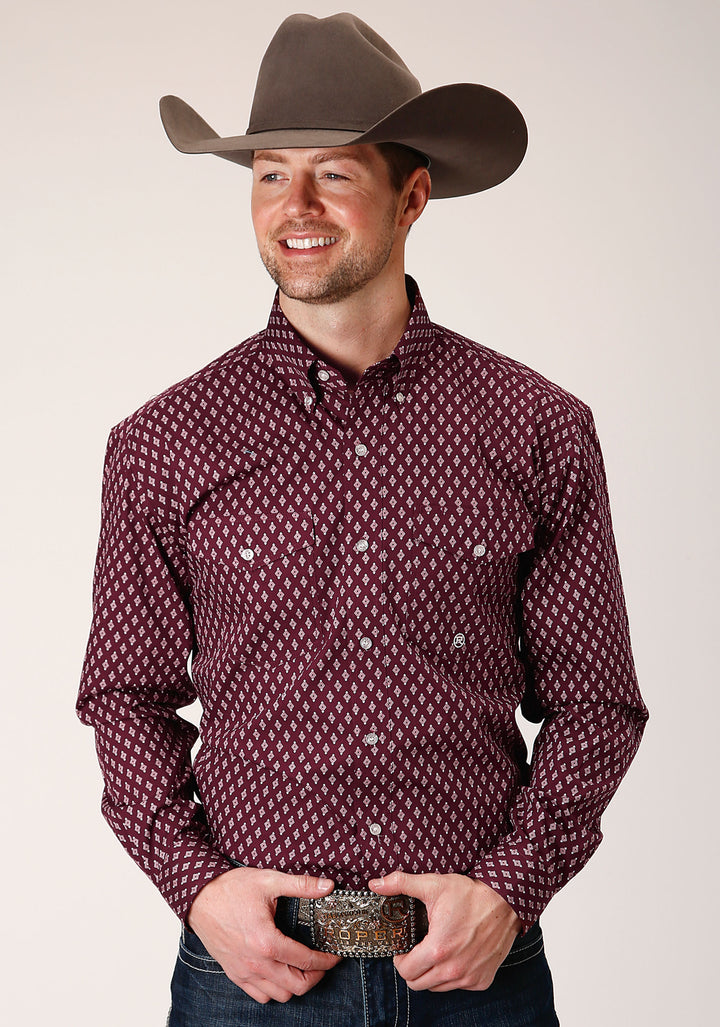 MENS LONG SLEEVE BUTTON POINT DIAMONDS  WINE WESTERN SHIRT