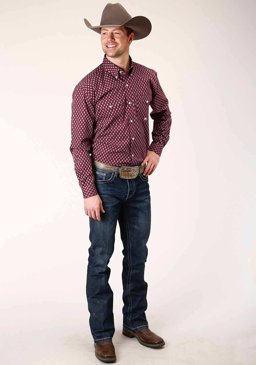 MENS LONG SLEEVE BUTTON POINT DIAMONDS  WINE WESTERN SHIRT