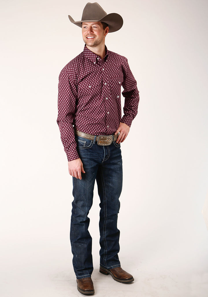 MENS LONG SLEEVE BUTTON POINT DIAMONDS  WINE WESTERN SHIRT