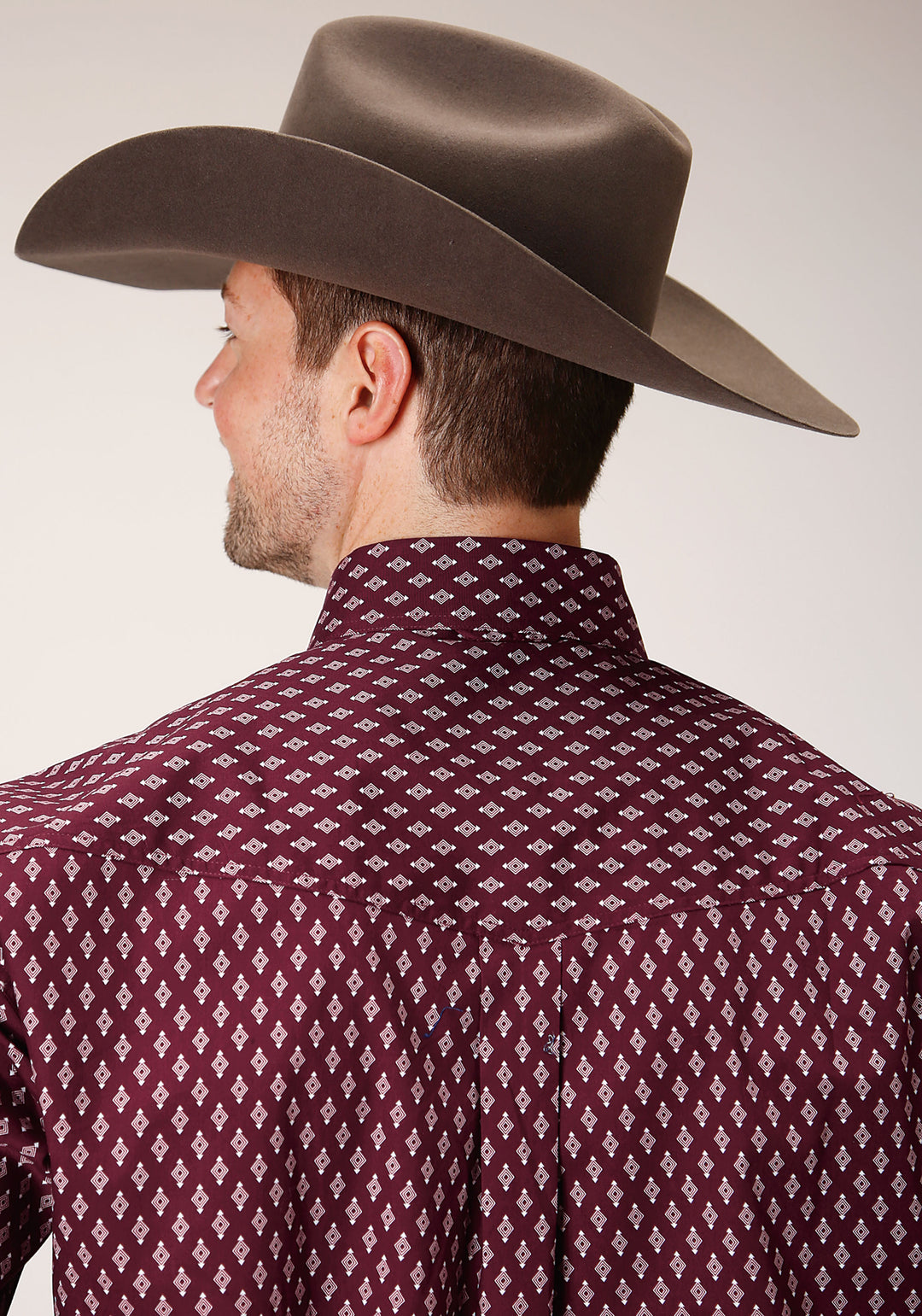 MENS LONG SLEEVE BUTTON POINT DIAMONDS  WINE WESTERN SHIRT