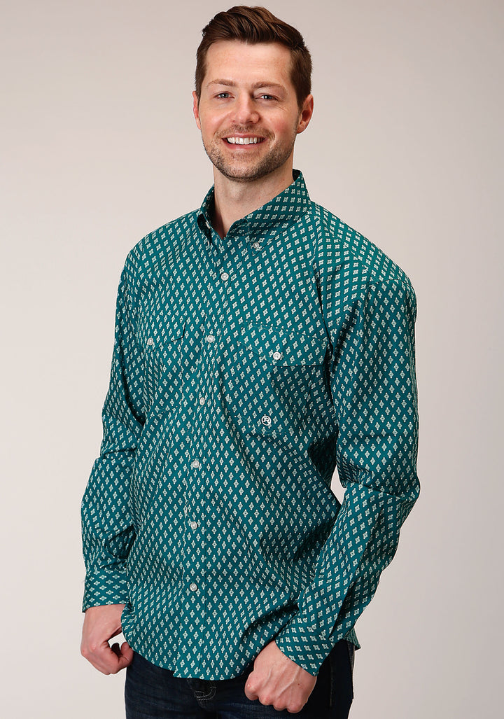 MENS LONG SLEEVE BUTTON POINT DIAMONDS  TEAL WESTERN SHIRT