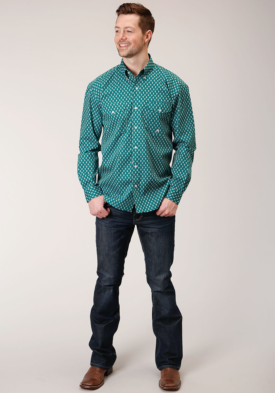 MENS LONG SLEEVE BUTTON POINT DIAMONDS  TEAL WESTERN SHIRT