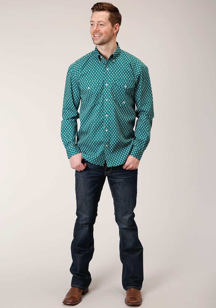 MENS LONG SLEEVE BUTTON POINT DIAMONDS  TEAL WESTERN SHIRT
