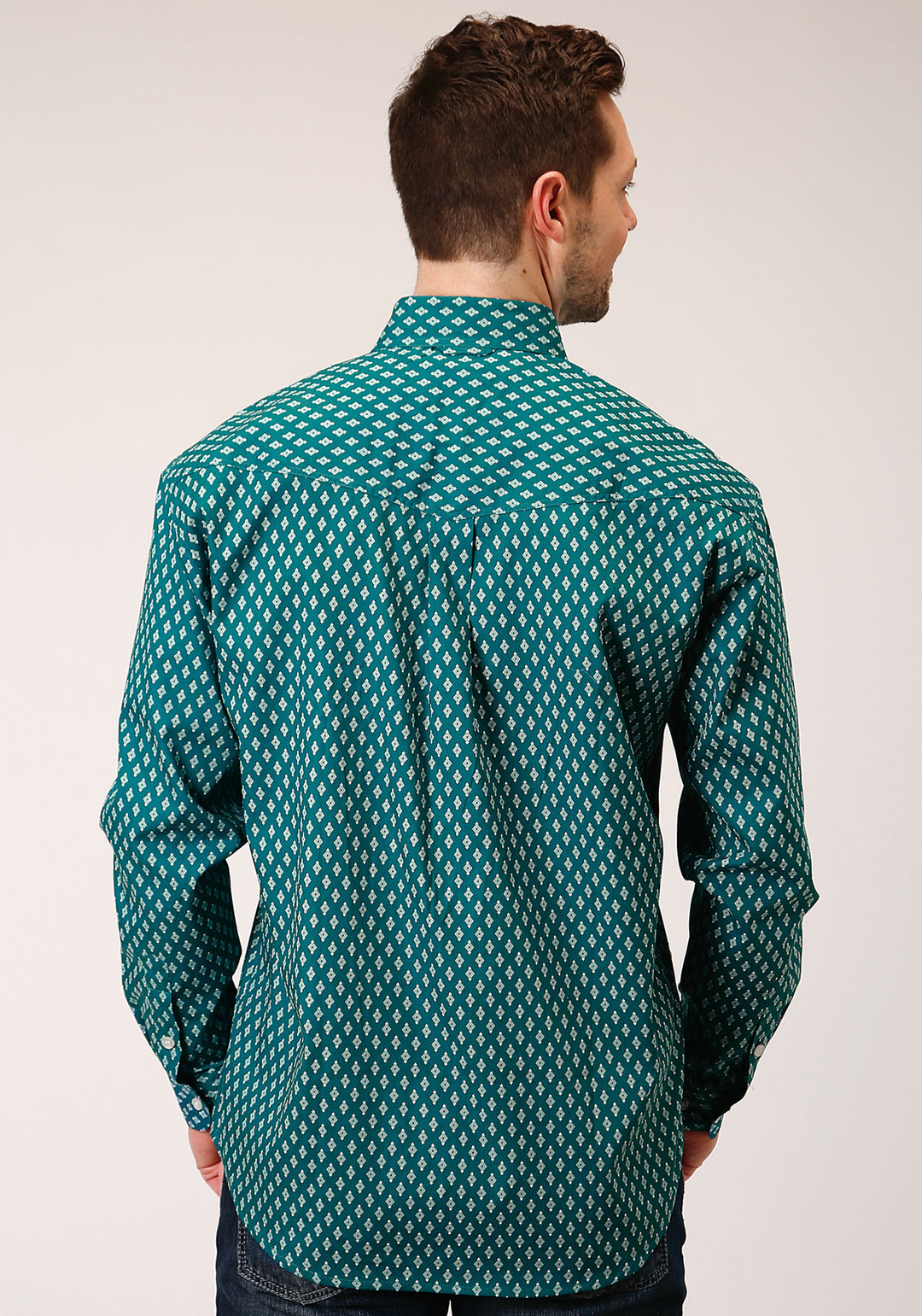MENS LONG SLEEVE BUTTON POINT DIAMONDS  TEAL WESTERN SHIRT