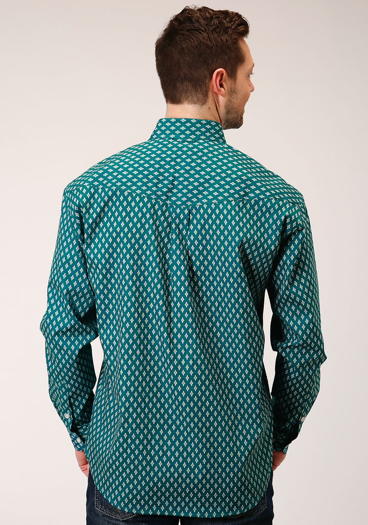 MENS LONG SLEEVE BUTTON POINT DIAMONDS  TEAL WESTERN SHIRT