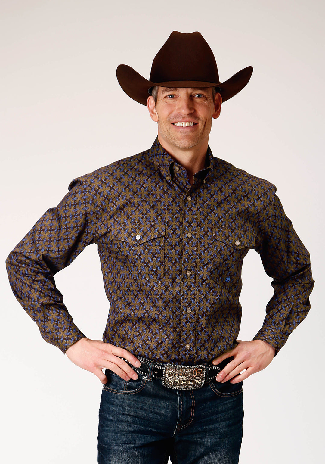 MENS LONG SLEEVE BUTTON DIAMOND MEDALLION WESTERN SHIRT