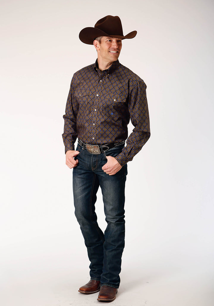 MENS LONG SLEEVE BUTTON DIAMOND MEDALLION WESTERN SHIRT