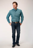 MENS LONG SLEEVE BUTTON LATTICE MEDALLION PRINT WESTERN SHIRT