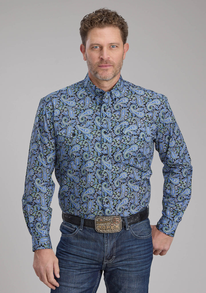 MENS COBALT PAISLEY LONG SLEEVE BUTTON WESTERN SHIRT