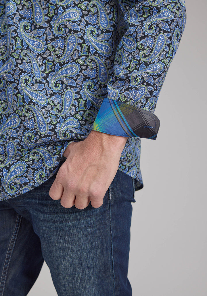MENS COBALT PAISLEY LONG SLEEVE BUTTON WESTERN SHIRT