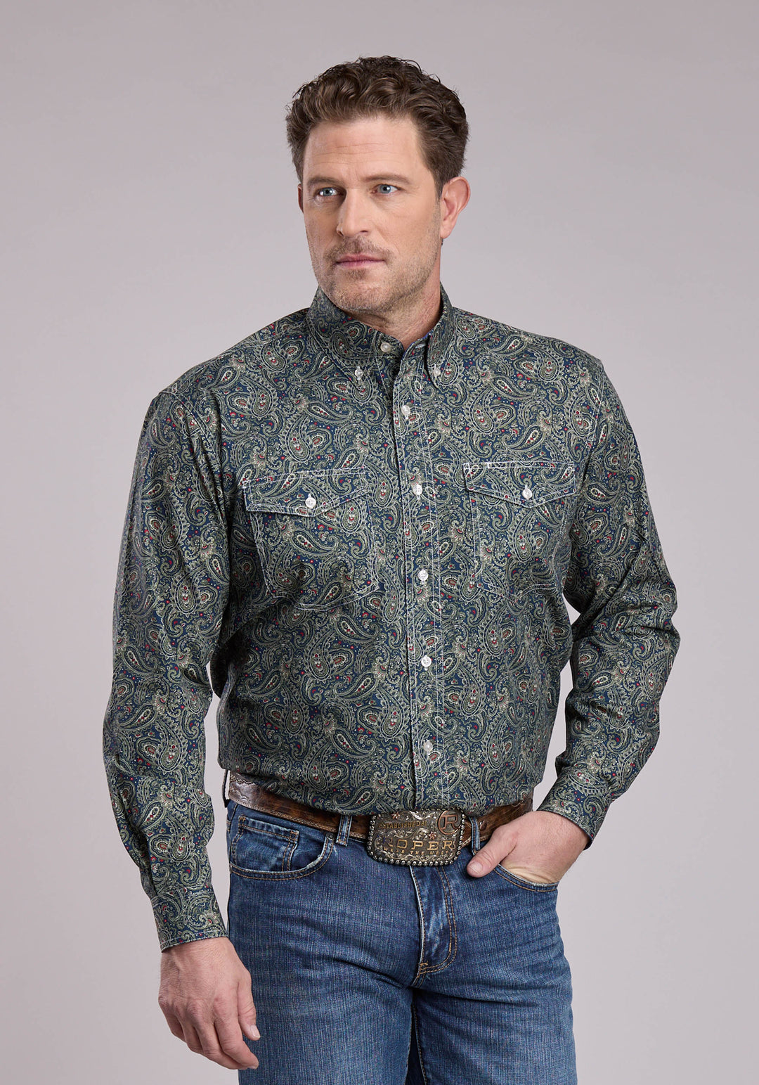MENS LONG SLEEVE BUTTON FOREST PAISLEY WESTERN SHIRT