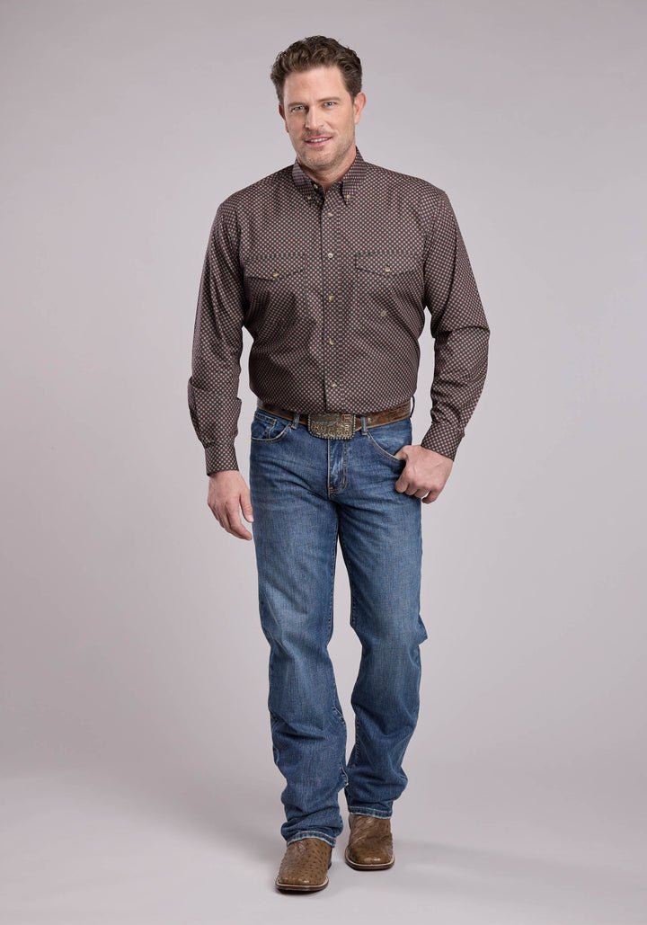 MENS LONG SLEEVE BUTTON RED STAR GEO WESTERN SHIRT