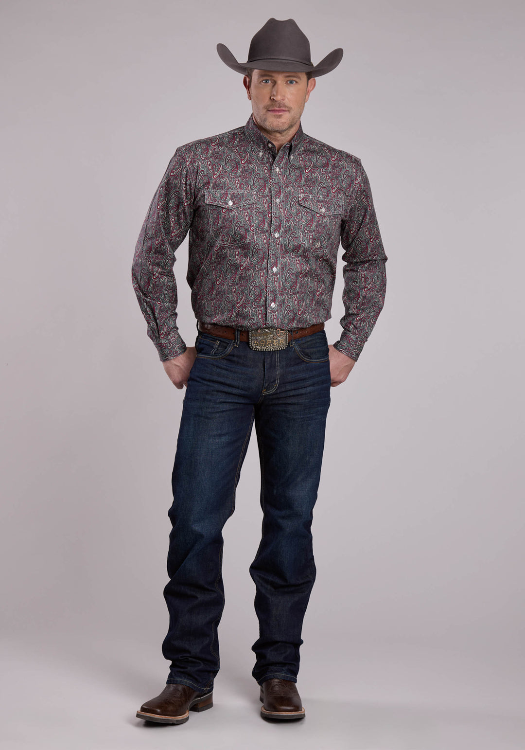 MENS LONG SLEEVE BUTTON IRON PAISLEY WESTERN SHIRT