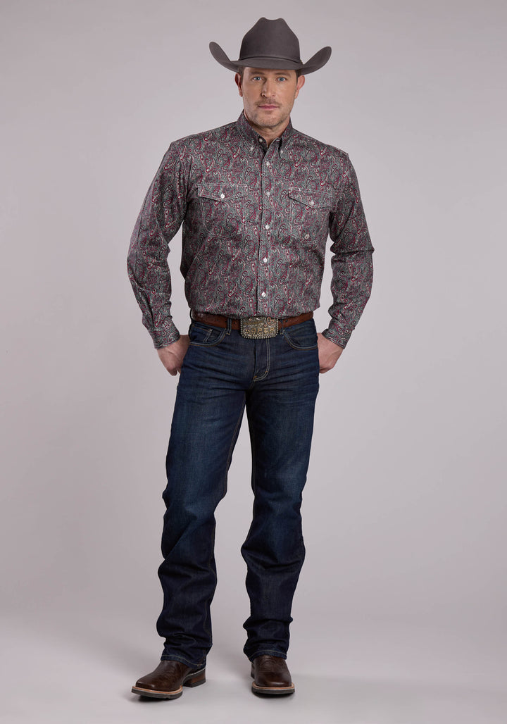 MENS LONG SLEEVE BUTTON IRON PAISLEY WESTERN SHIRT