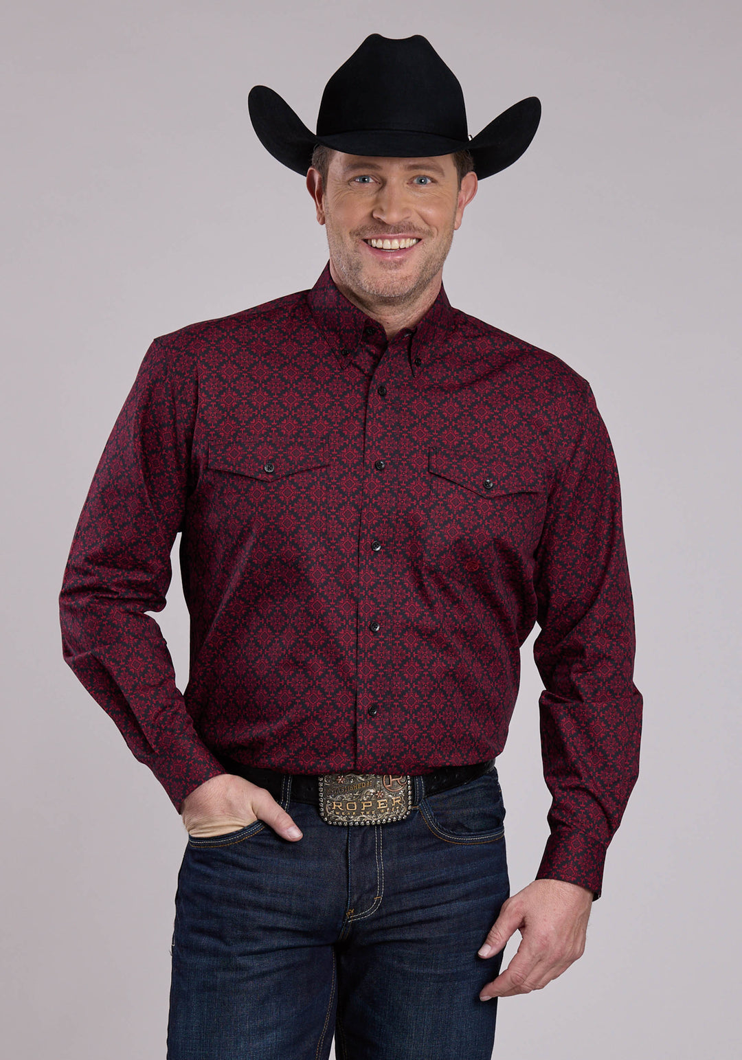 MENS LONG SLEEVE BUTTON GARNET MEDALLION WESTERN SHIRT
