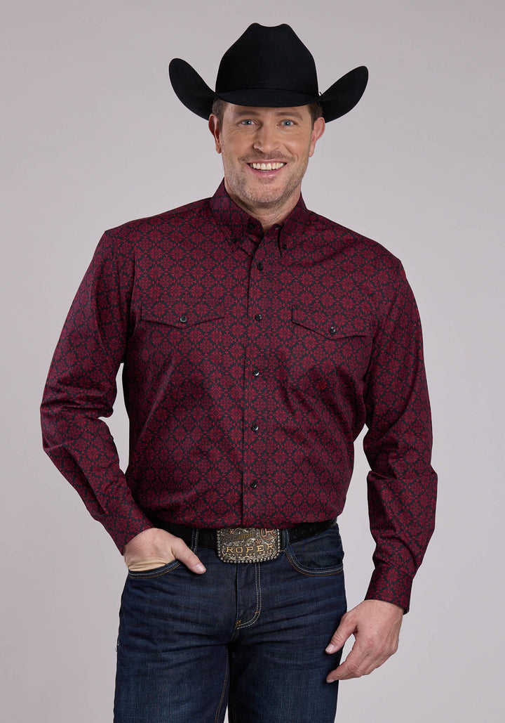 MENS LONG SLEEVE BUTTON GARNET MEDALLION WESTERN SHIRT