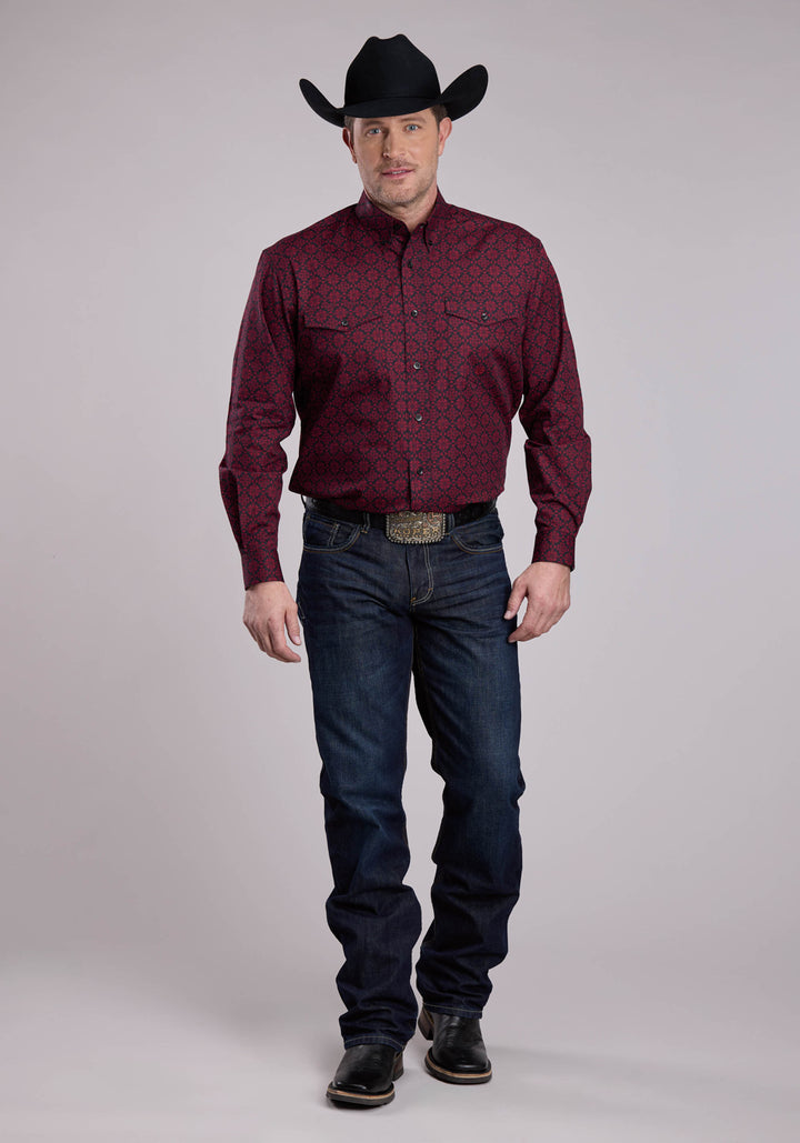 MENS LONG SLEEVE BUTTON GARNET MEDALLION WESTERN SHIRT
