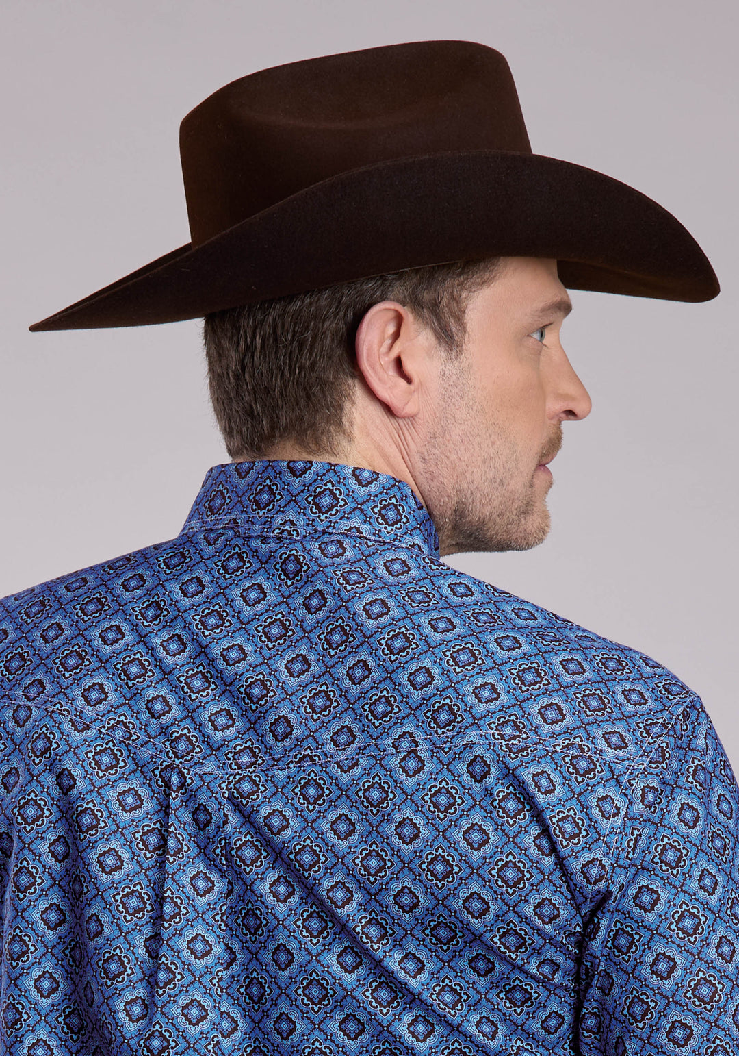 MENS LONG SLEEVE BUTTON VINTAGE BLUE MEDALLION PAISLEY WESTERN SHIRT