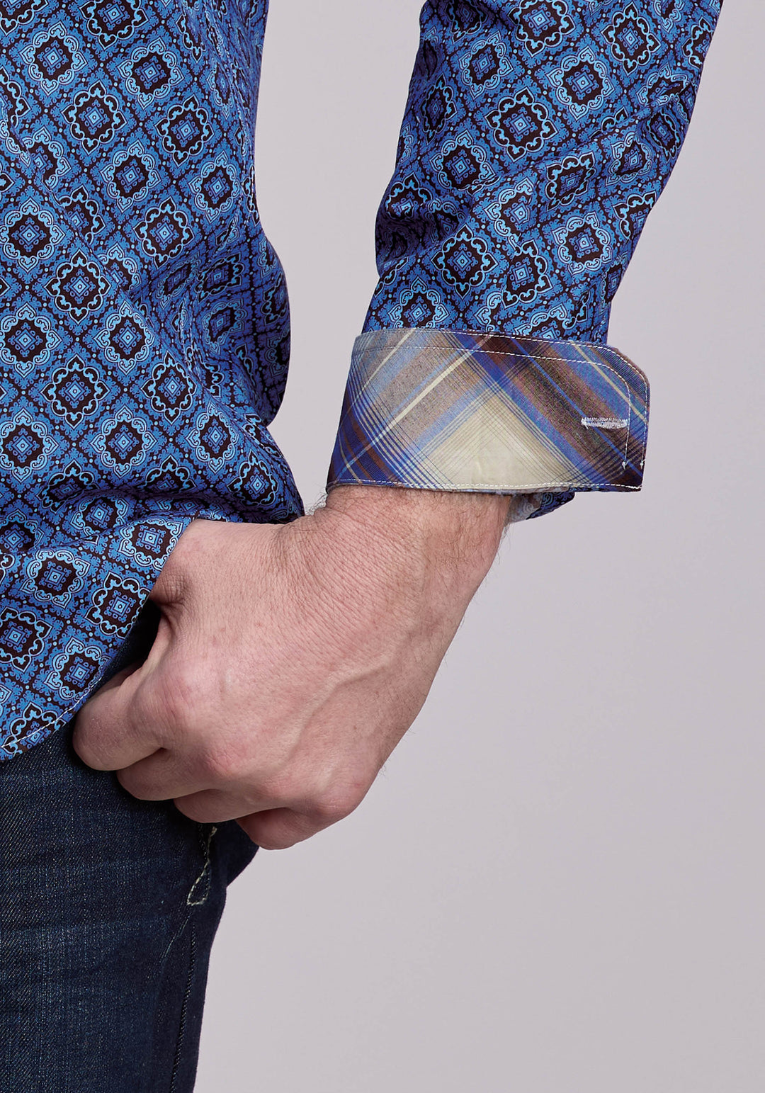 MENS LONG SLEEVE BUTTON VINTAGE BLUE MEDALLION PAISLEY WESTERN SHIRT