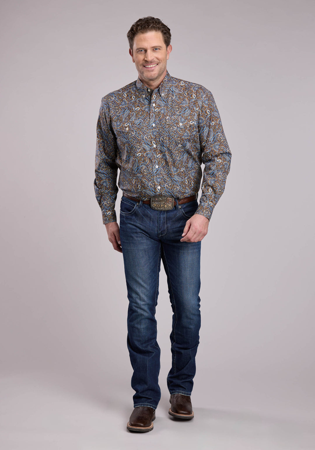 MENS LONG SLEEVE BUTTON BLUEBIRD PAISLEY WESTERN SHIRT